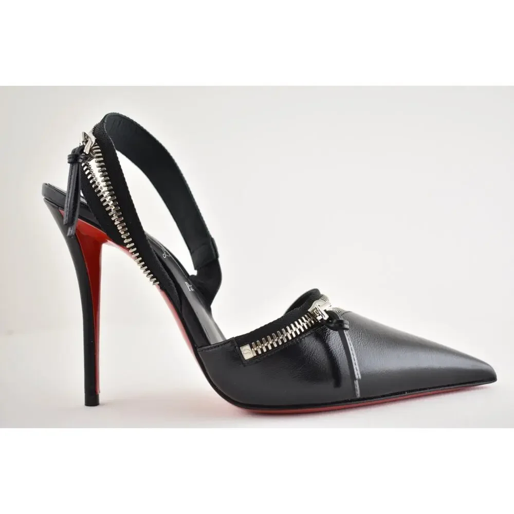 Christian Louboutin Slingyzip 100 Black Leather Zipper Slingback Heel Pump 38
